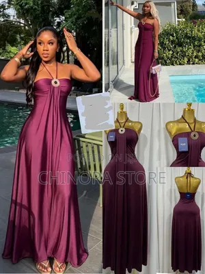 Elegant Halter Neck Maxi Dress With Brooch Detail - Wine/Burgundy/