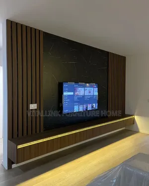 Luxury Wood Marble TV Wall Unit With Fluted Panels LED