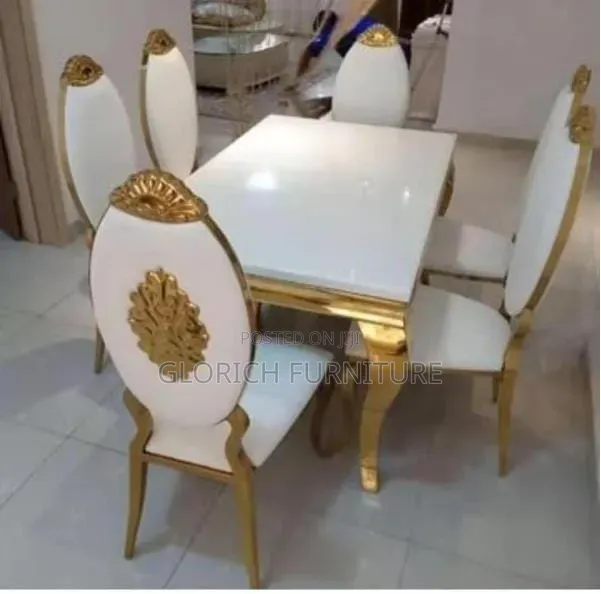 6-Seater Royal Dining Set – White Marble Table Gold Medallion