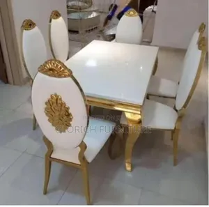 6-Seater Royal Dining Set – White Marble Table Gold Medallion