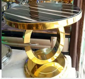 Black Striped Stone Side Table – Polished Gold Double-Ring Base