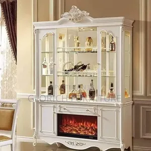 French Baroque Display Cabinet With Electric Fireplace – White Gold