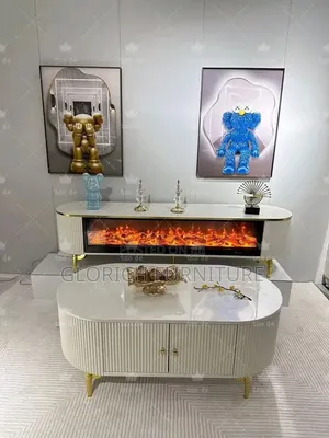 Modern White TV Console With Electric Fireplace – Fluted Design,