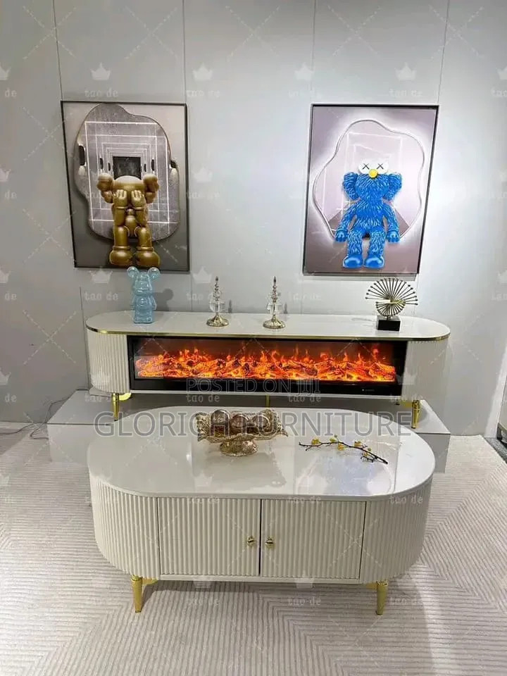 Modern White TV Console With Electric Fireplace – Fluted Design,