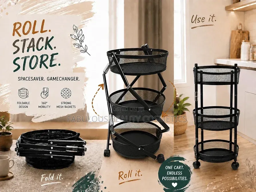 Foldable 3 Tier Multipurpose Storage Trolley With Wheels