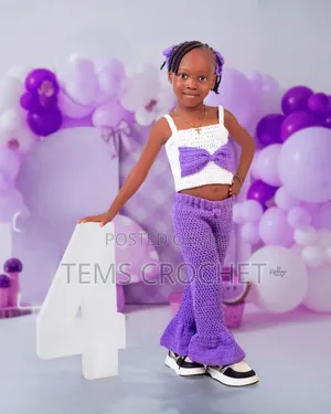 Handmade Crochet Girl's Flare Pants Bow Top Set