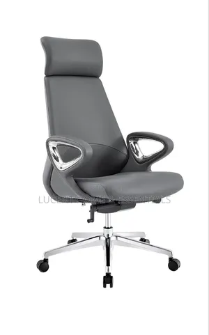 Luxury Grey Leather Executive Chair With Futuristic Metallic Armrests
