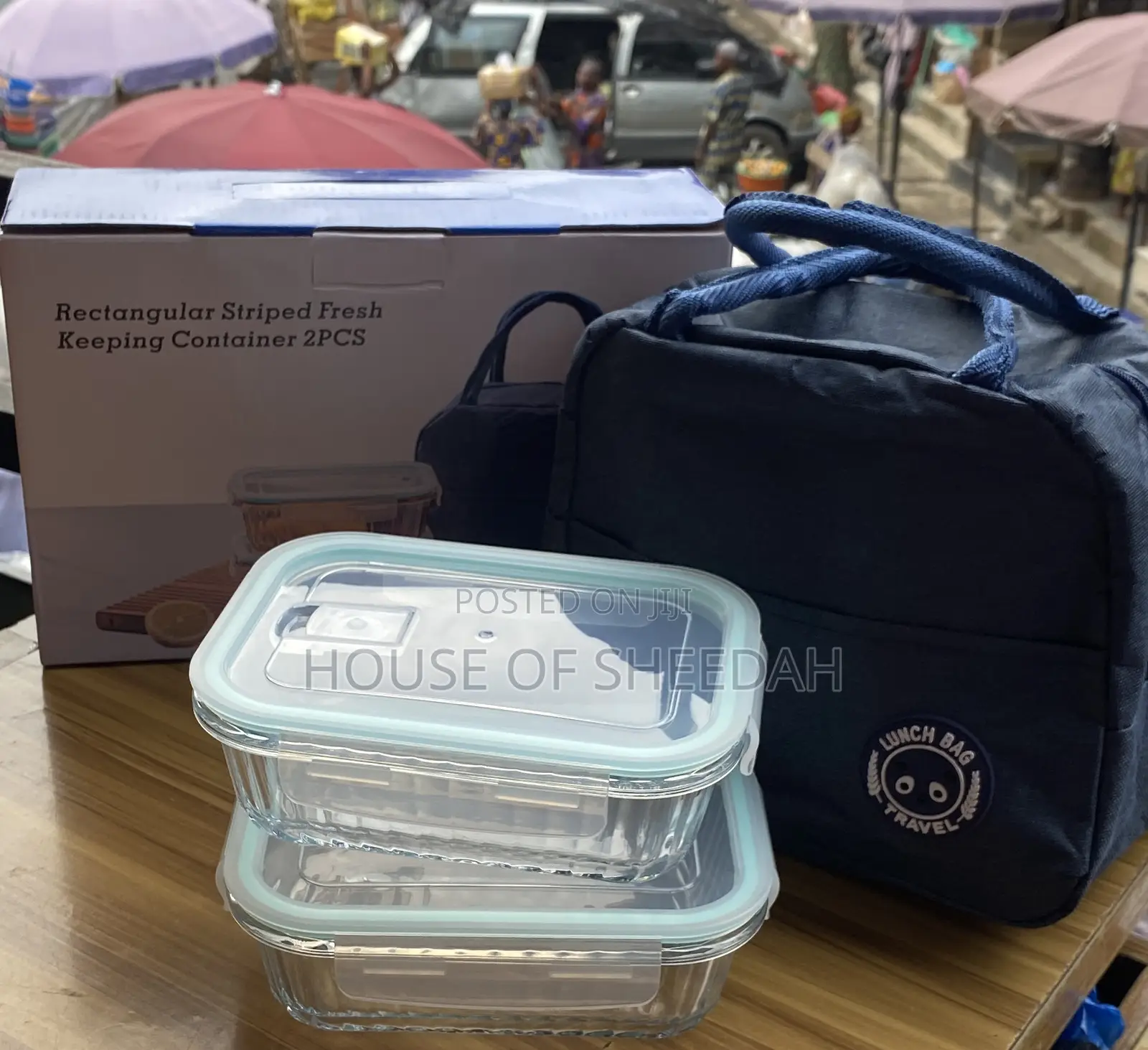 2pcs Rectangular, Striped, Glass Food Storage Containers With Bag