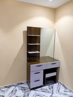 Modern Wood White Vanity Set With Mirror, Shelves Stool