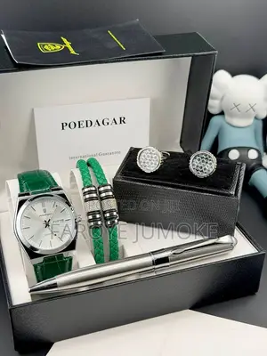 POEDAGAR Men’s Luxury Quartz Leather Watch Gift Set – 5 in 1