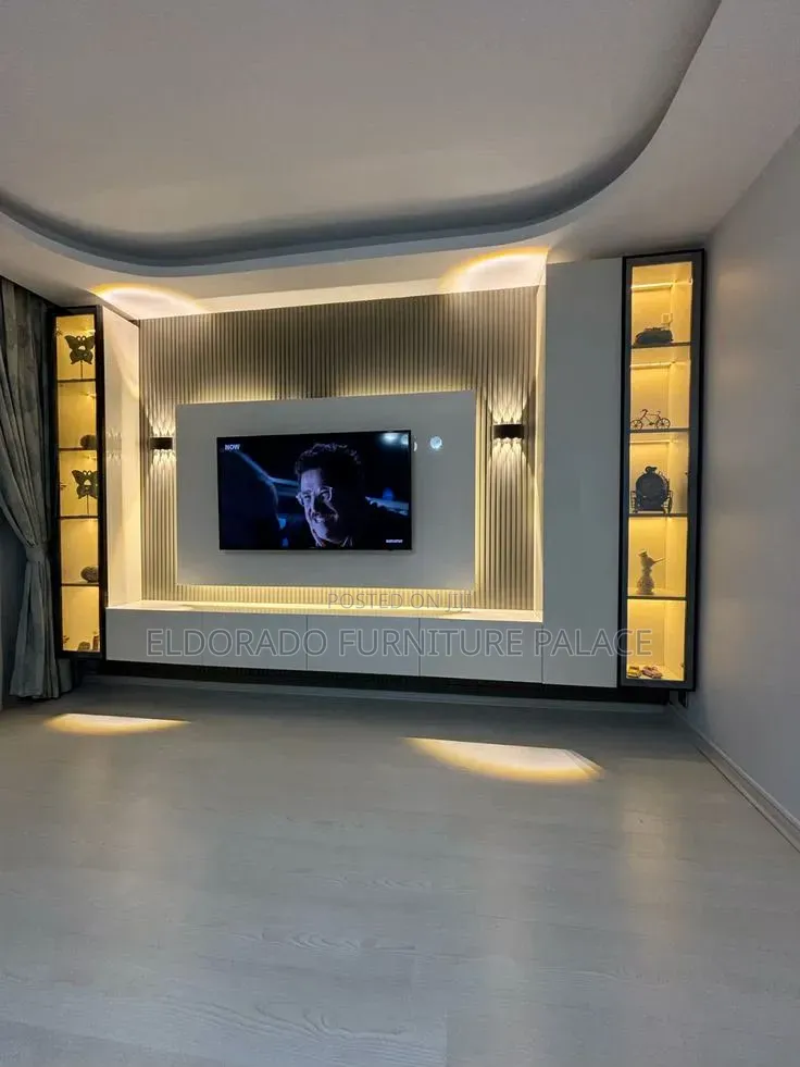 Television Console With Flutted Panel Side Cupboard and Lightings