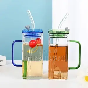 Drinking Glass Cup With Lids and Glass Straw