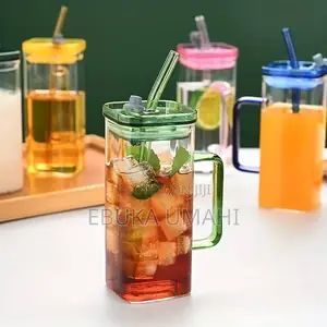Drinking Glass Cup With Lids and Glass Straw