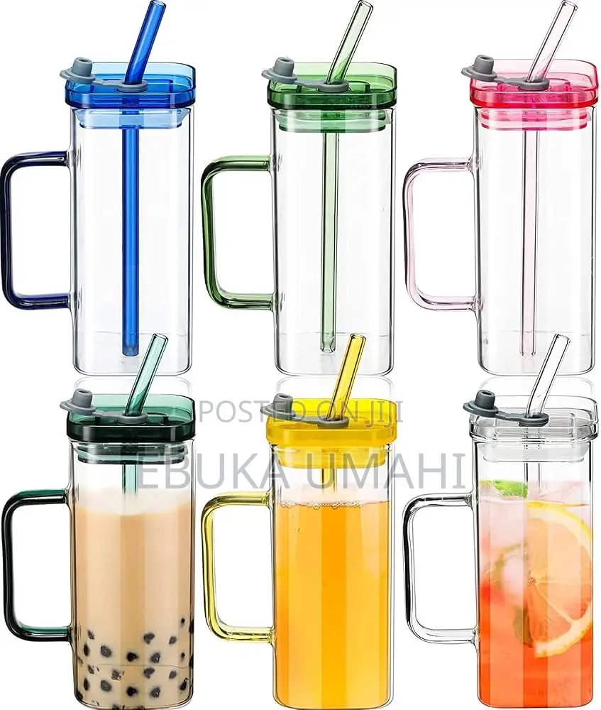 Drinking Glass Cup With Lids and Glass Straw