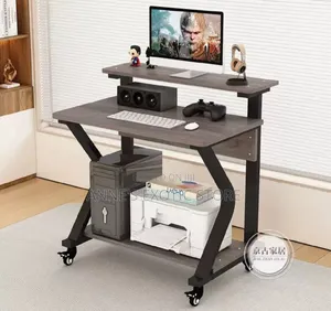 Mobile Multi-Tier Computer Desk With Wheels Monitor Shelf