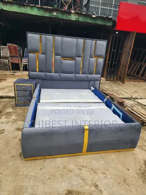Grey Padded Queen Size Bed With Side Drawer