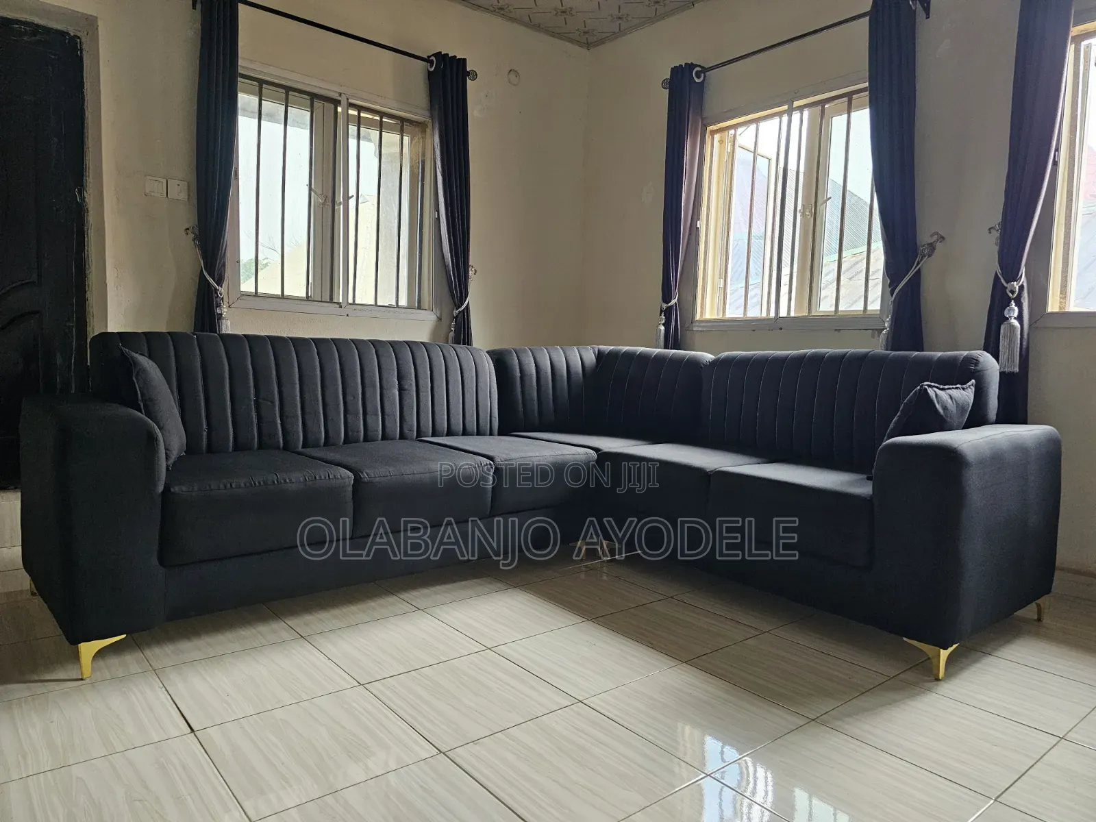 Modern Black Fabric 5-Seater L-Shaped Corner Sofa