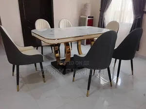 Quality and Imported Luxury Ring Leg Marble Top Dining Table by 6 Chai