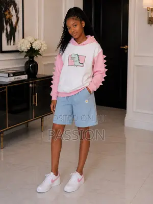 Girls’ Pink Dinosaur Hoodie and Denim Shorts Set