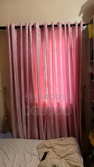 4 Pink Window Curtains and 1 Grey Door Curtain With Accessories