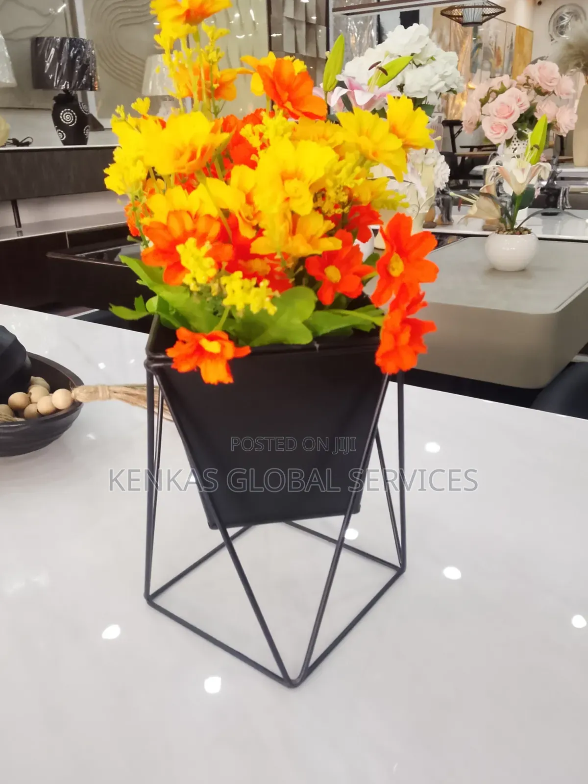 Geometric Metal Planter With Artificial Floral Arrangement