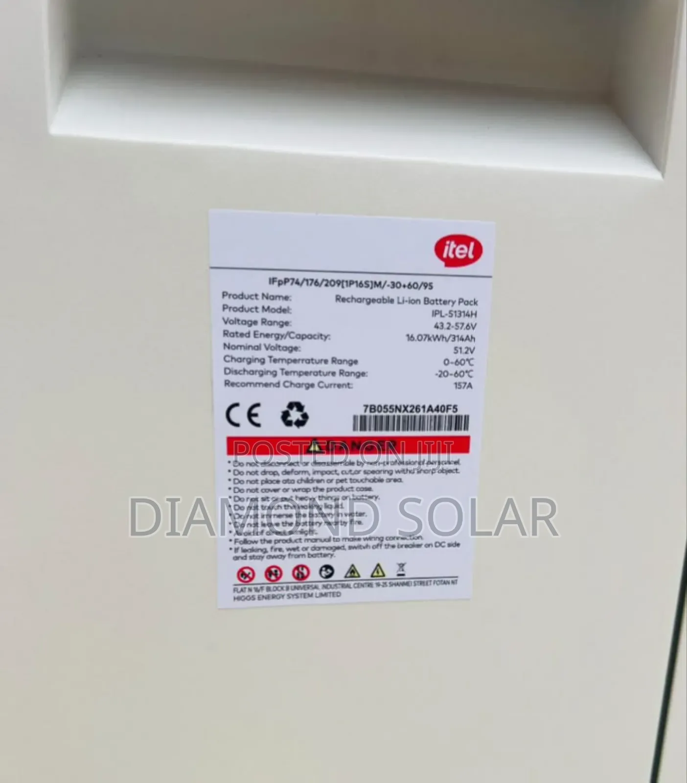 16.07kwh 51.2v 314ah Itel Solar Lithium Ion Battery