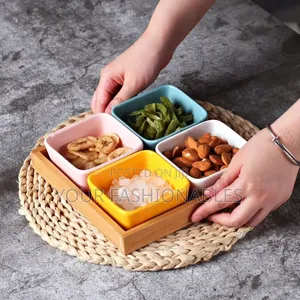 High Quality Multicolored Ceramic Snack Bowls Set on Wooden Tray