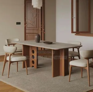 Modern Walnut Dining Table Set – Stone Top, 4 Cream Leather Chairs