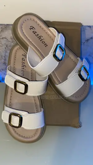 White and Brown Buckle Comfort Slides