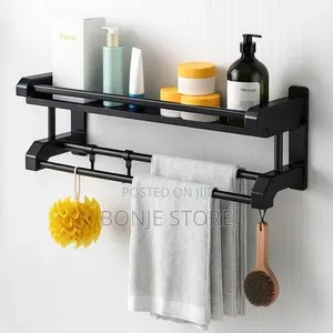 1 Layer Bathroom Kitchen Towel Rack Shelf With Hooks