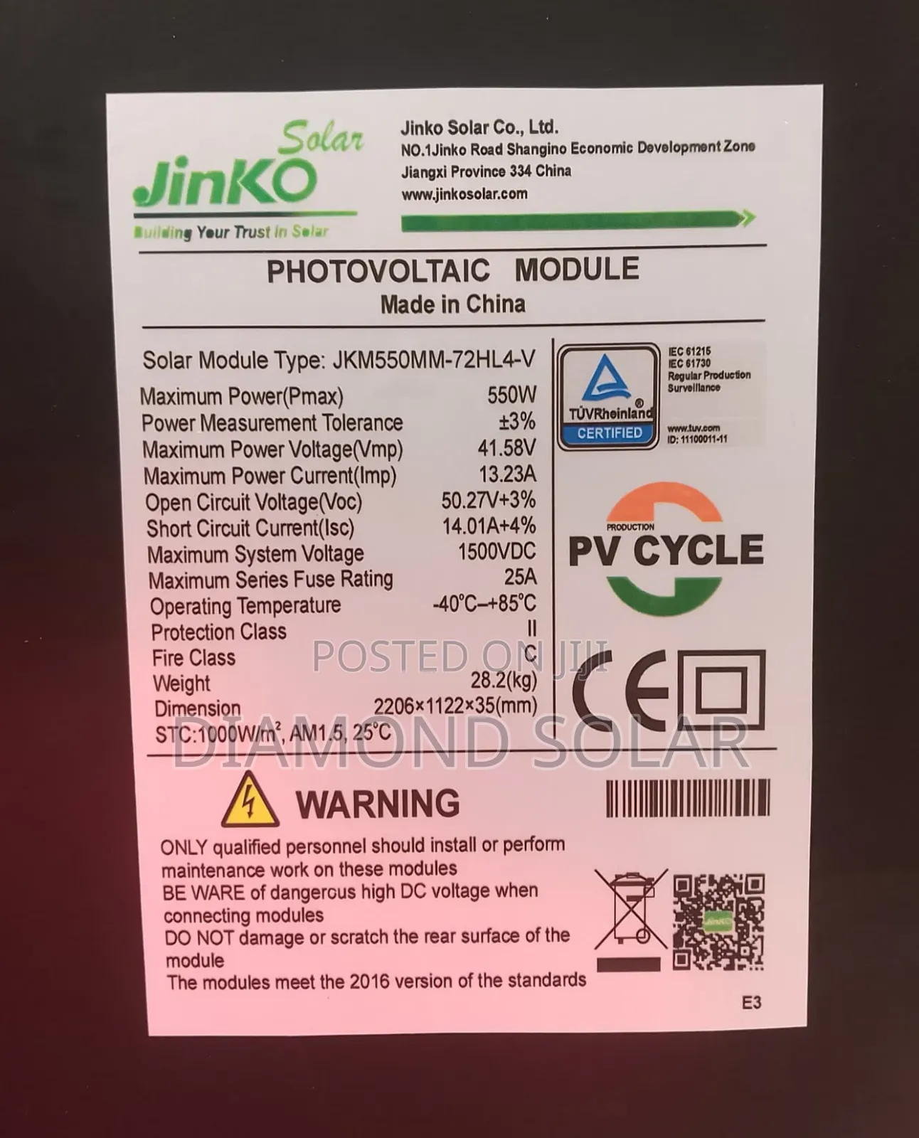 550w 120cell Jinko Solar Panel