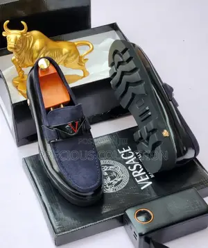 Black and Navy Blue Versace Leather/Suede Pull on Loafers