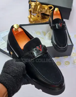 Black and Navy Blue Versace Leather/Suede Pull on Loafers