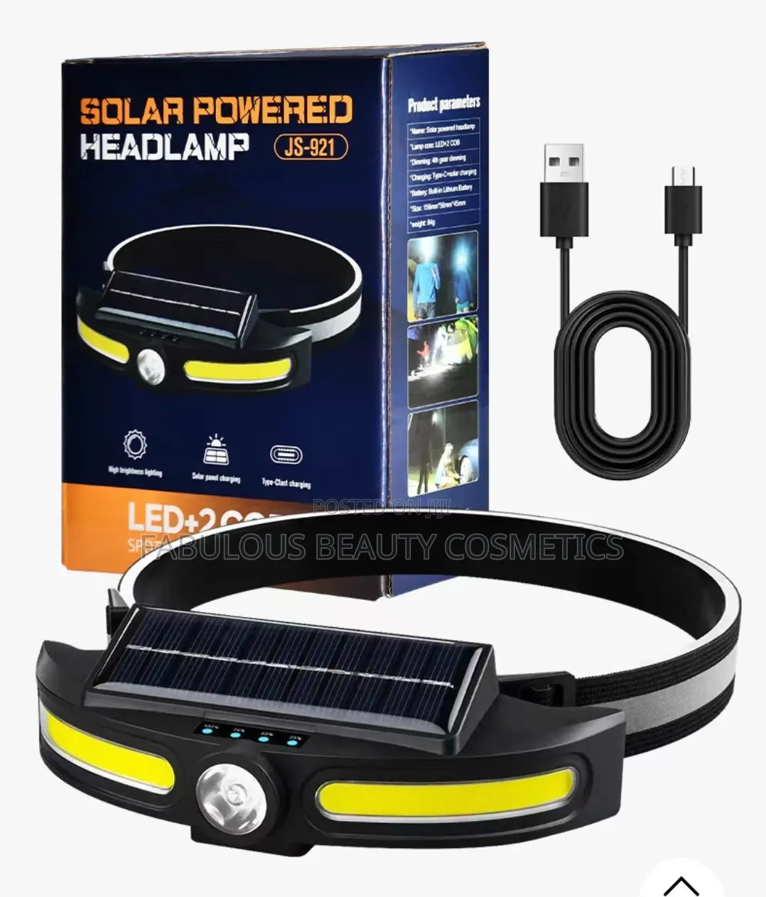 Solar Powered Waterproof Headlamp - USB Rechargeable Dual Light Source