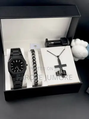 Men’s Luxury Black Wristwatch Gift Set With Bracelet, Necklace Ring