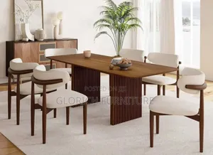 Fluted Wood Dining Table Set – 6 Cream Upholstered Chairs