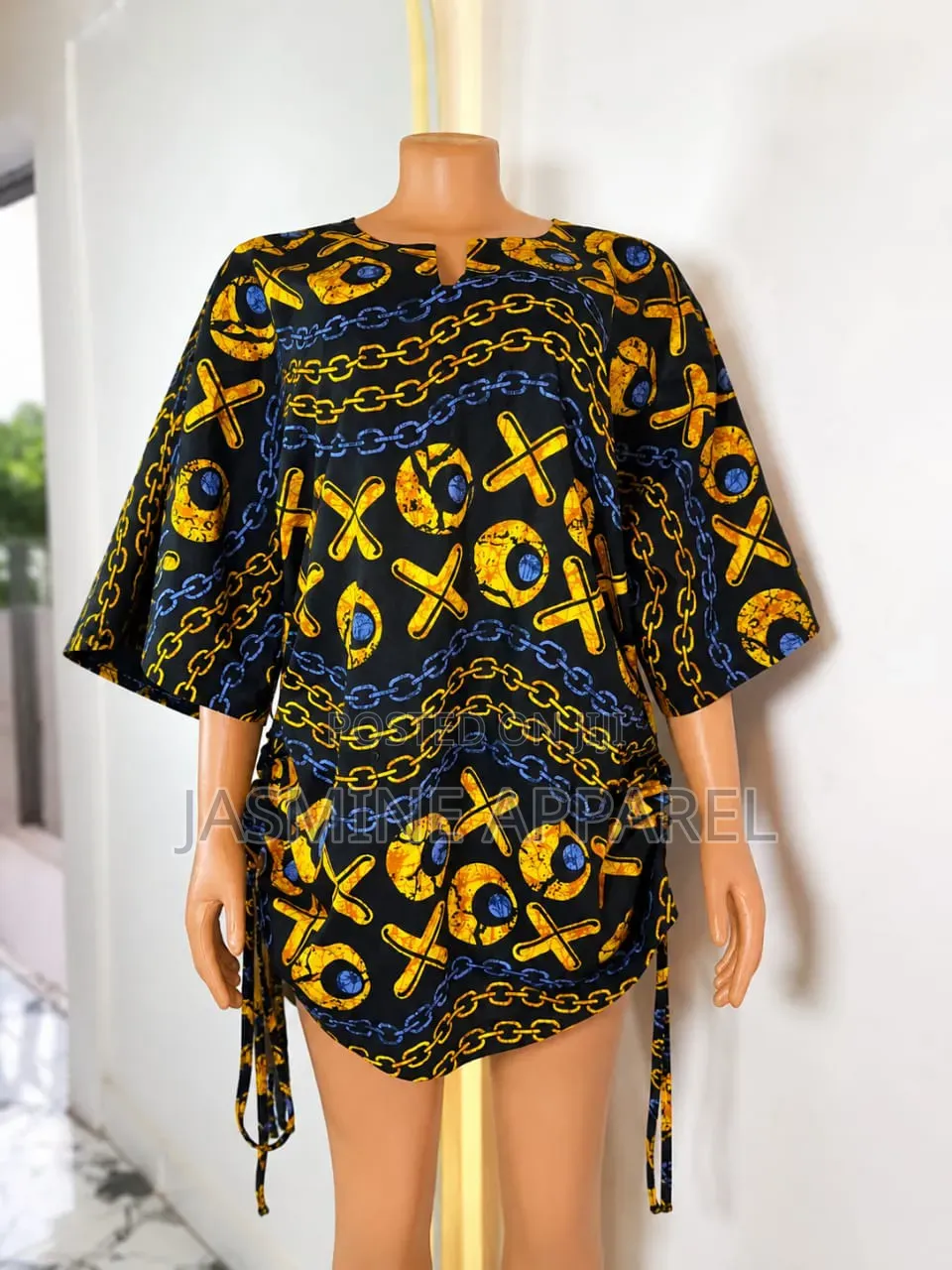 Women's Ankara Side-Drawstring Tunic- Black and Yellow