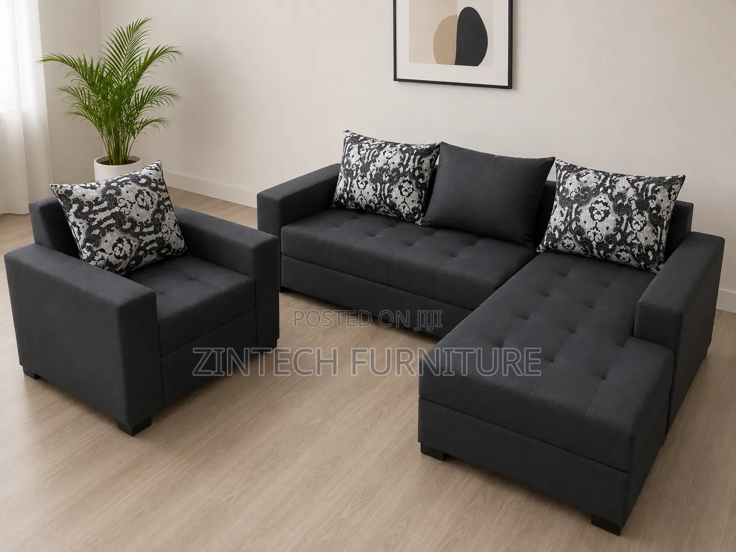 Black Color L Shape Sofas an a Single Seater
