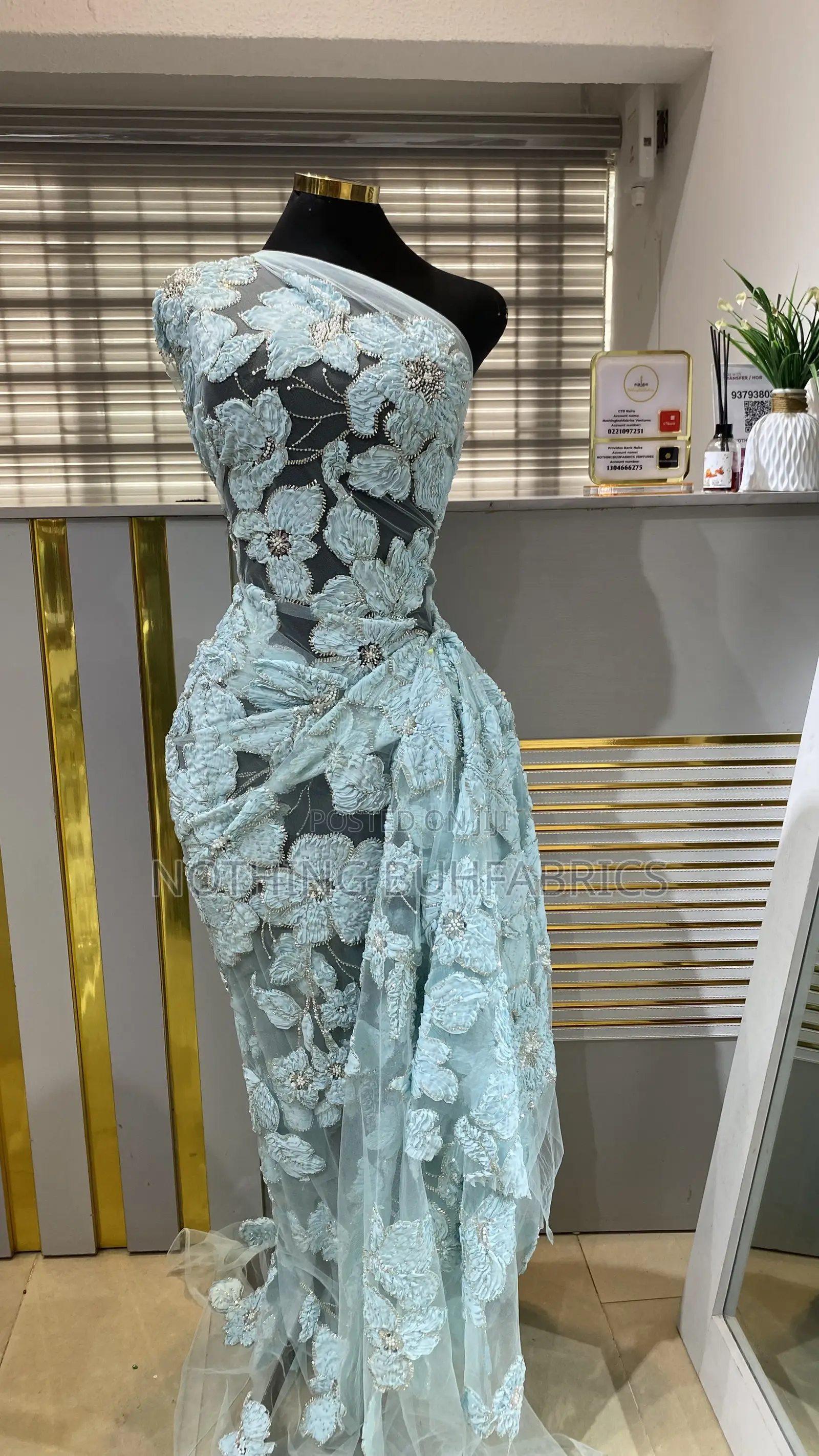 Sage Blue Ruffle Pearled Beaded Tulle