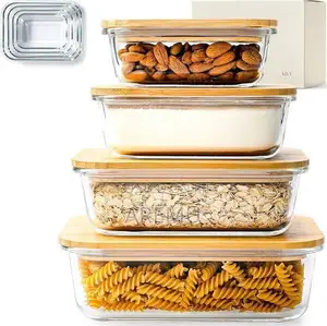 4pc Glass Food Storage Containers With Bamboo Lid Set Airtight