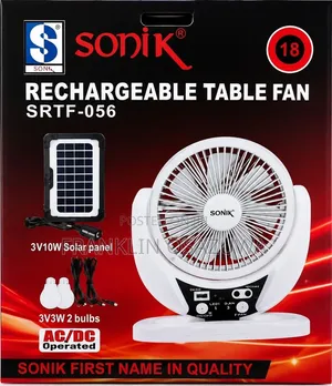 Sonik 18" Rechargeable Solar Table Fan With Solar Panel 2 LED Bulbs