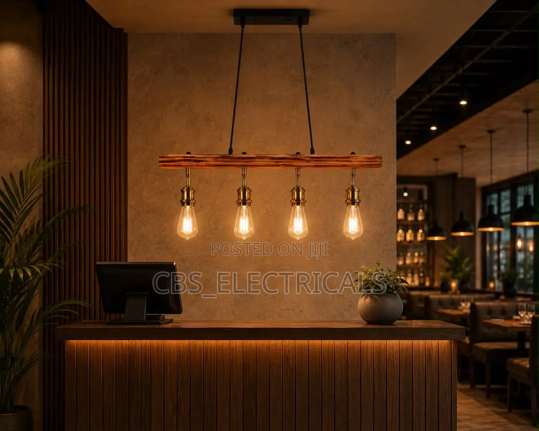Rustic Wooden Beam 4-Light Edison Island Pendant Light
