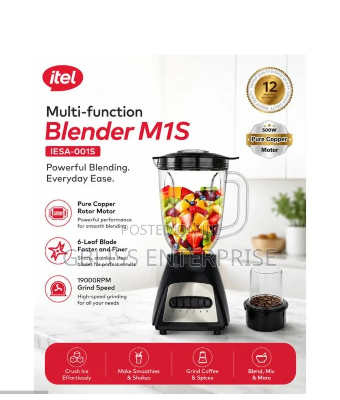 Itel M1S Multi-Function 1.8L Blender 500W Pure Copper Motor -.