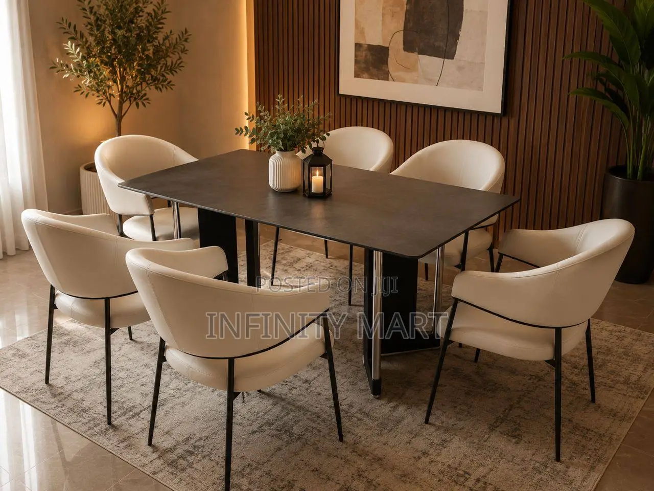 6-Seater Dining Table Set With Cream Leather Chairs