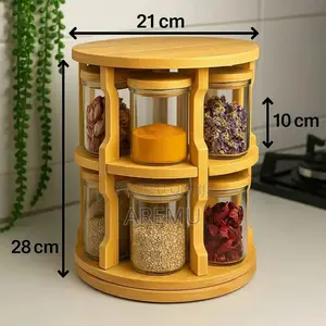 Bamboo Spice Rack With Glass Jar Rotating