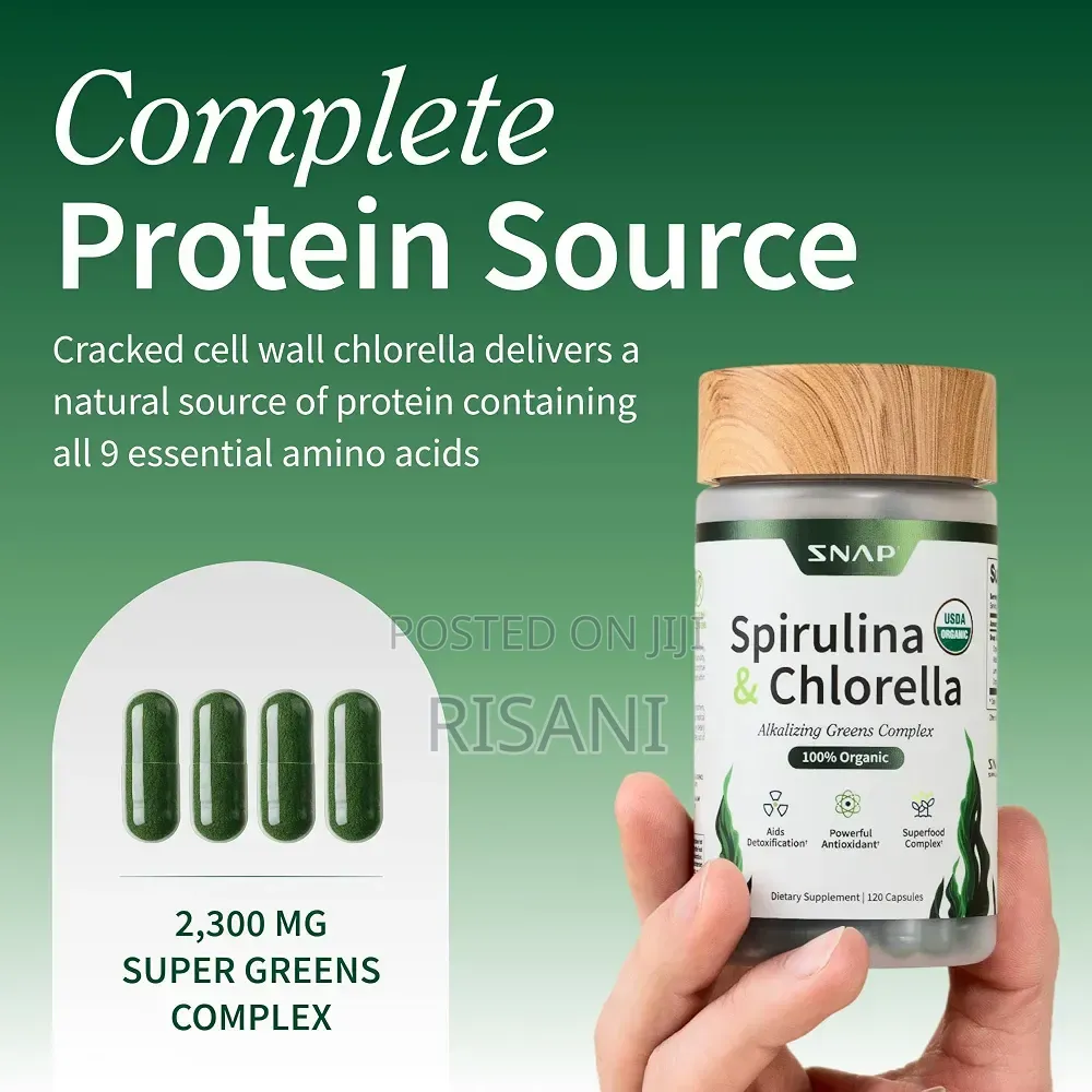 Organic Spirulina and Chlorella Supplement by 120 Capsules