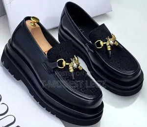 Executive Black Chunky Sole Loafers With Gold Bee Detail for Men