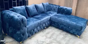 Brand New Navy Blue Velvet Chesterfield L-Shaped Sofa