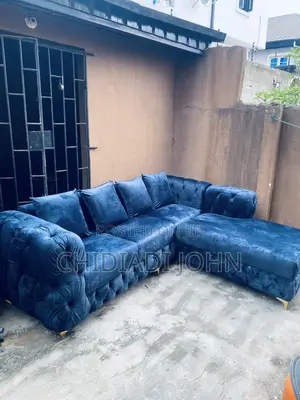 Brand New Navy Blue Velvet Chesterfield L-Shaped Sofa