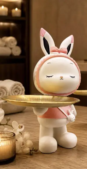 Gift Bunny Butler Tray Holder - Gift Item Cute Figurine With Gold Tray
